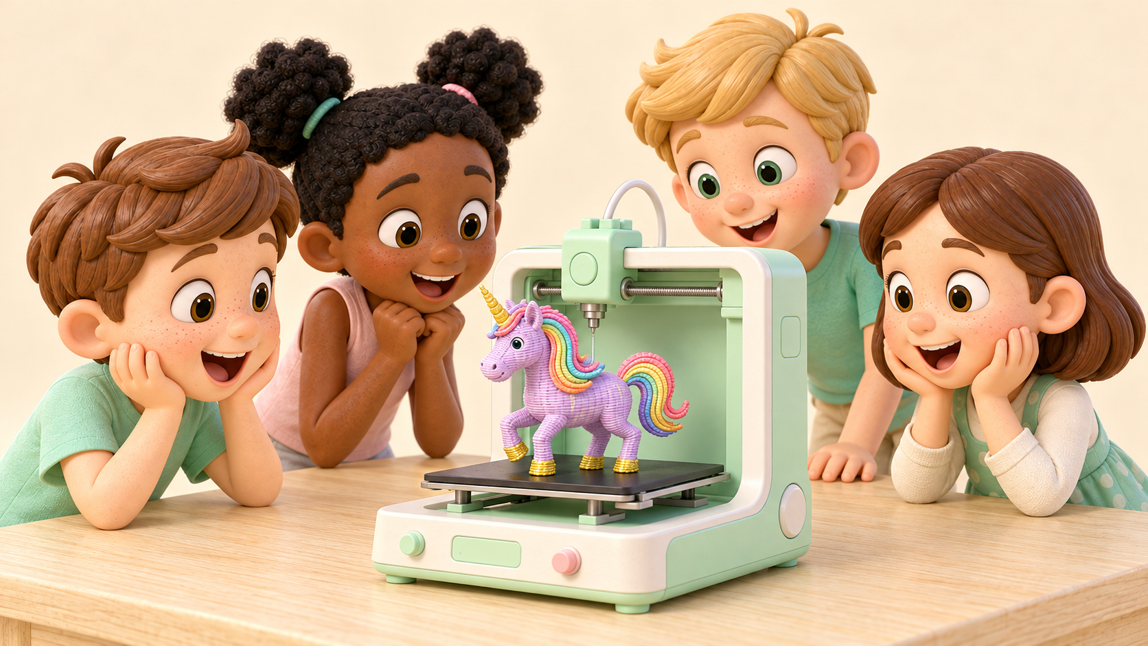 孩子们观察 3D 打印机打印彩虹独角兽