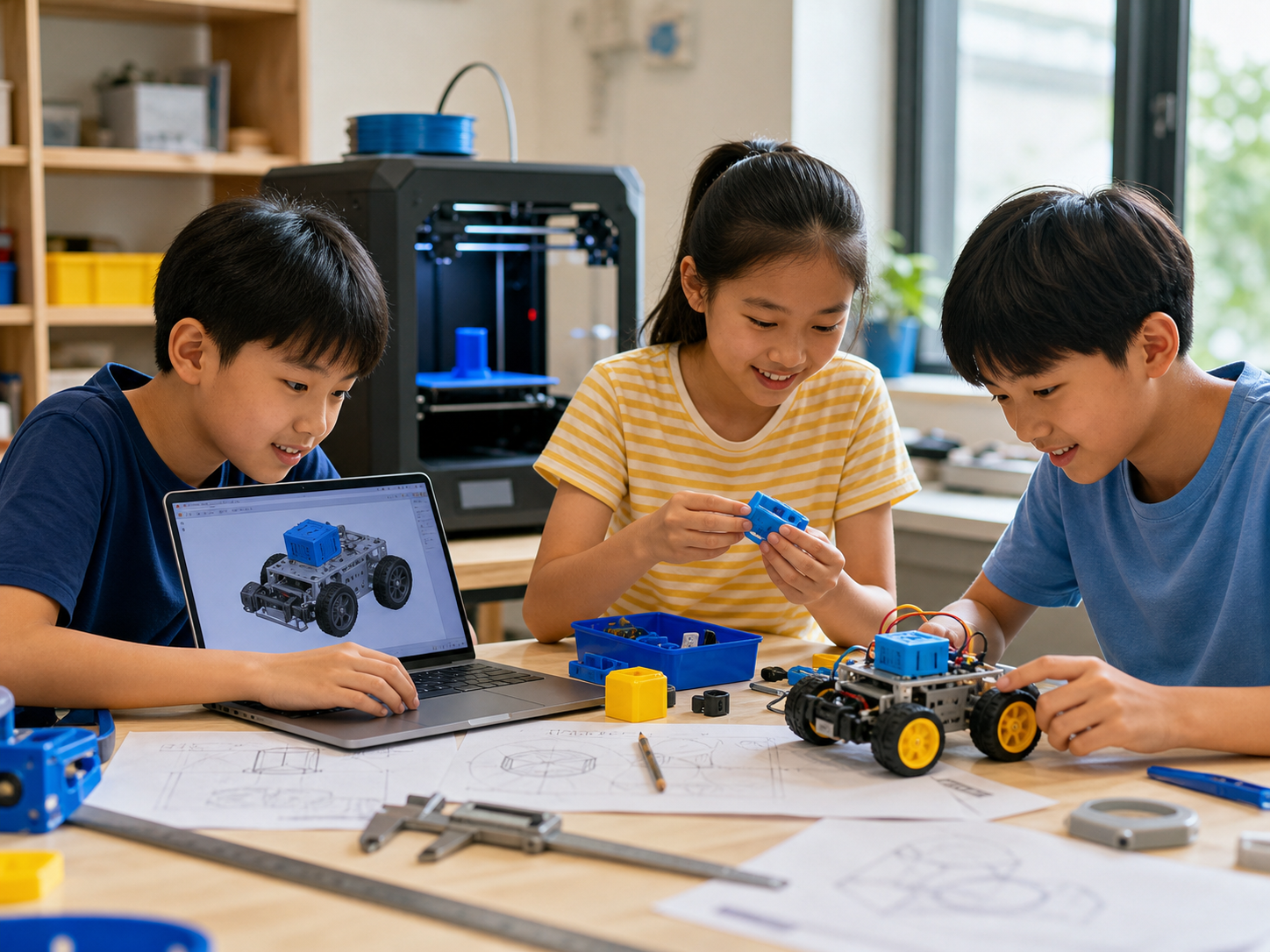 孩子们共同完成 3D 建模、打印、组装和测试