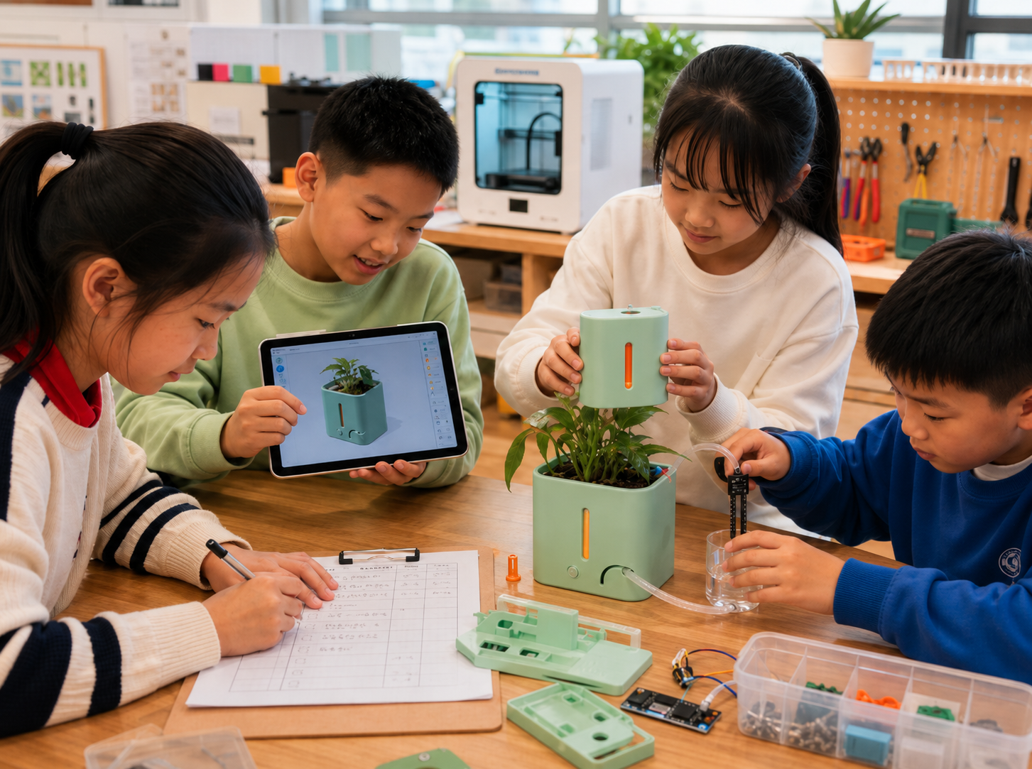Children complete 3D modeling, printing, assembly, and testing together