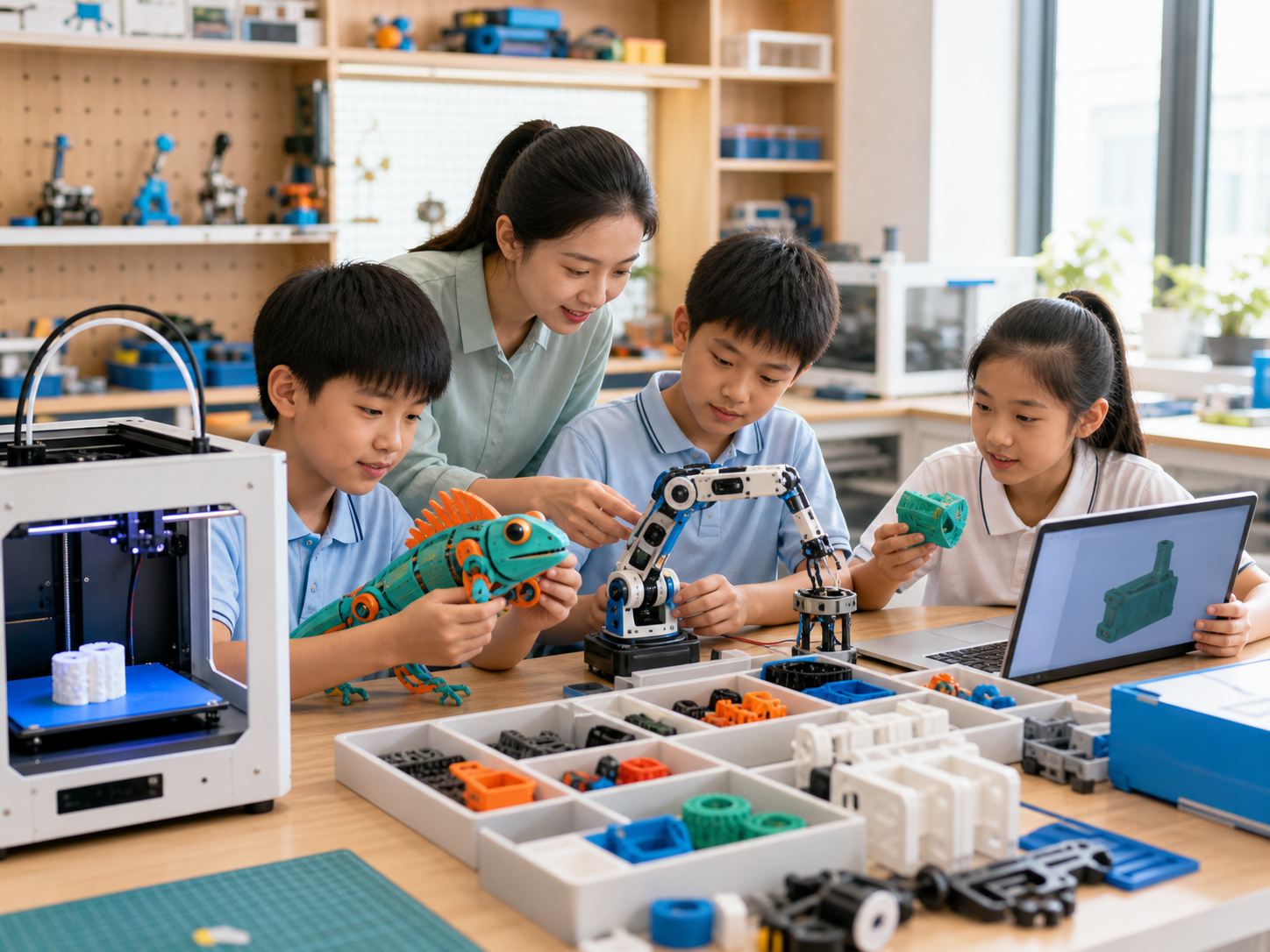 老师带领孩子进行 3D 建模、打印与模型组装教学