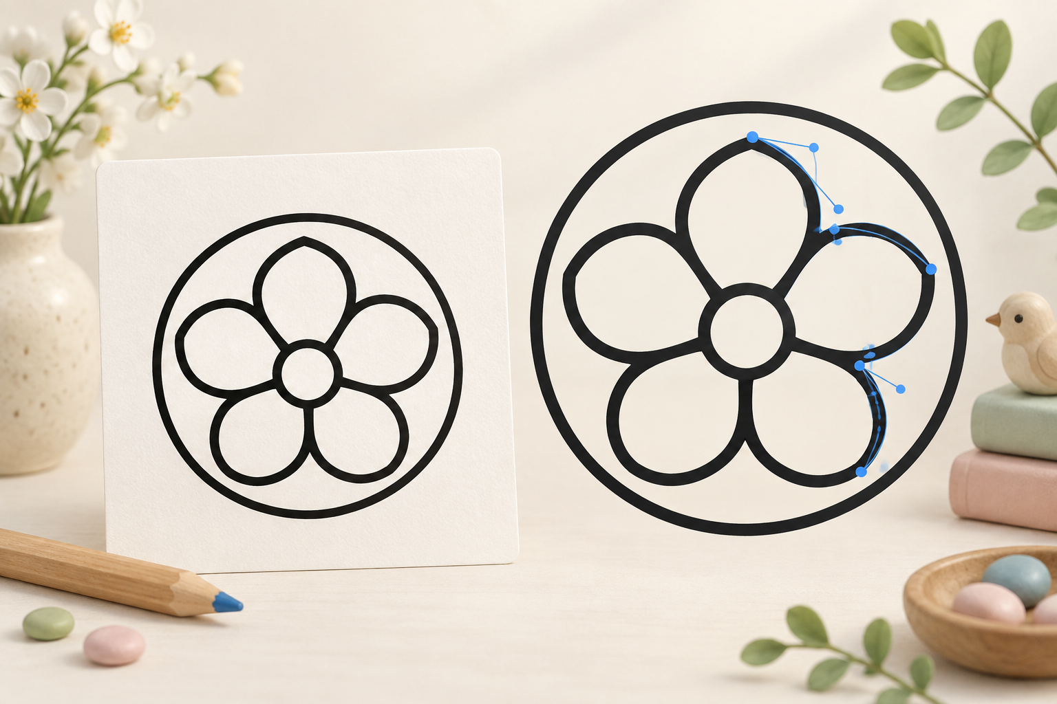 先识别图片,成稿直接描摹;其他图片由 AI 设计分区线稿后描摹。