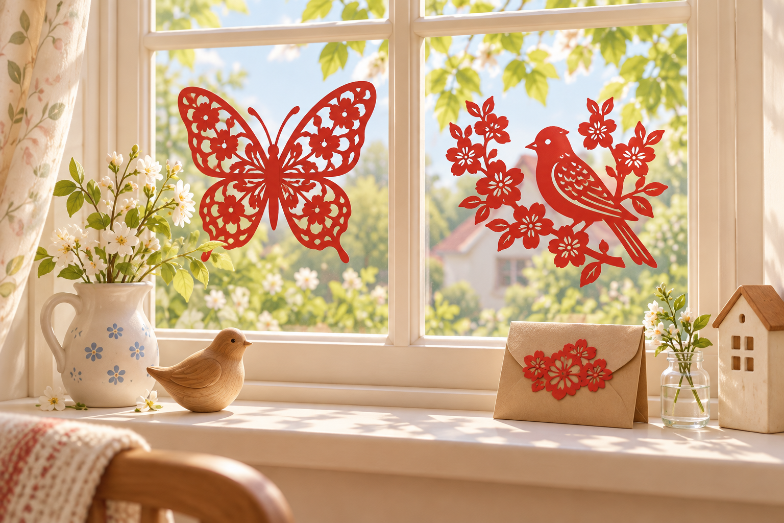 Red butterfly and bird openwork decorations on a window and beside a gift envelope