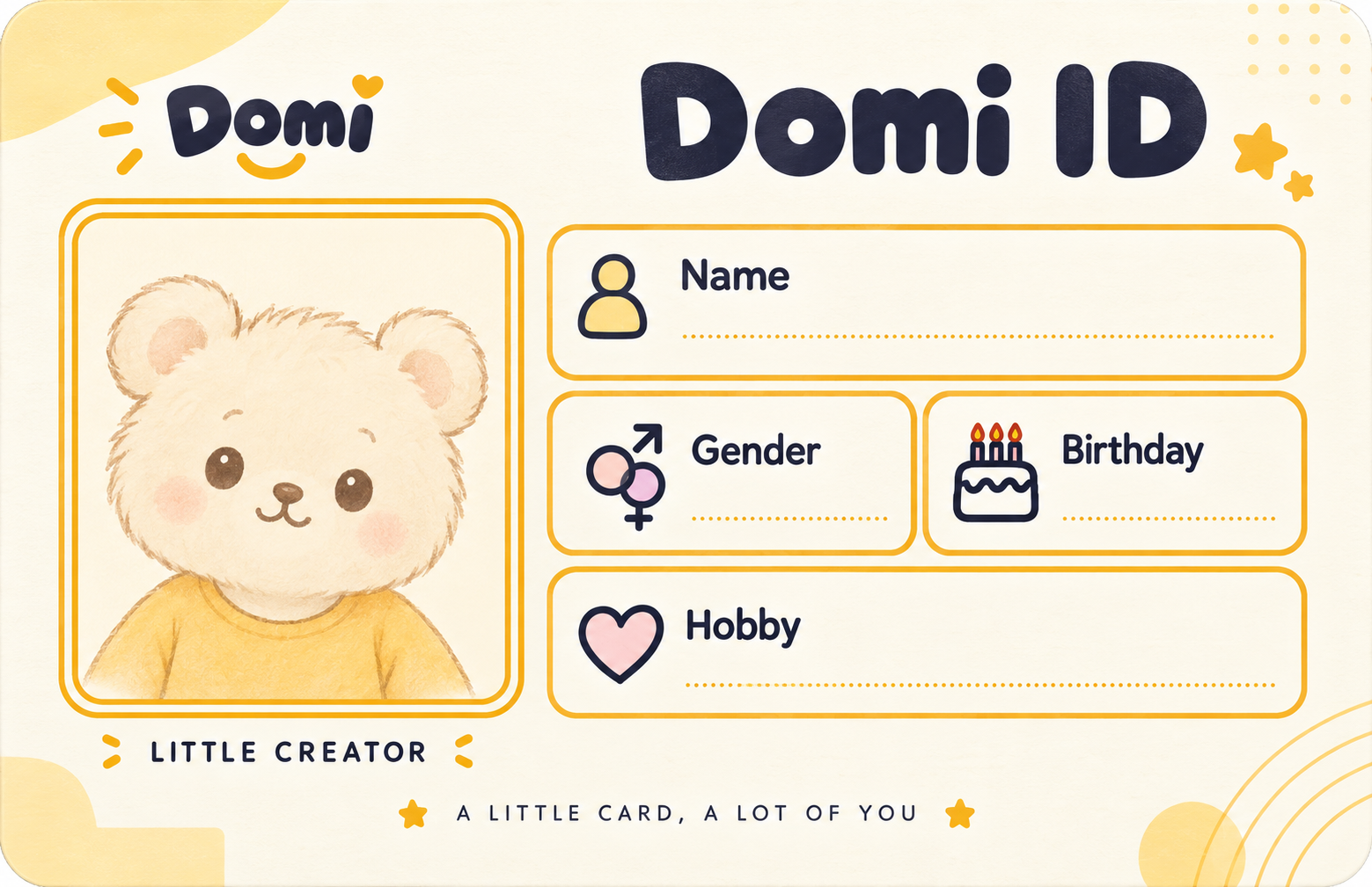 横版 Domi ID 卡,带头像框及姓名、性别、生日、爱好填写栏