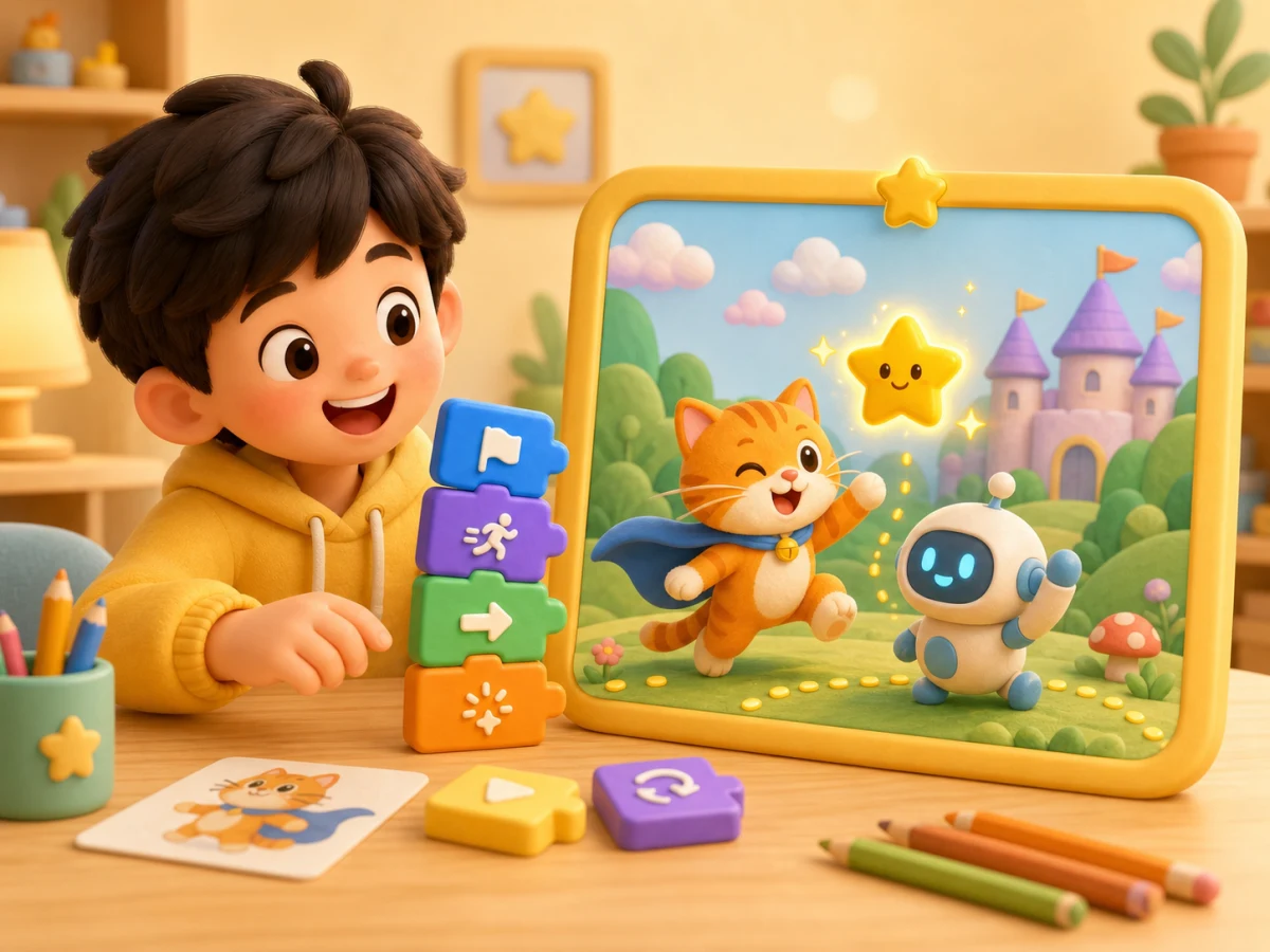 孩子展示自己做成的小游戏作品