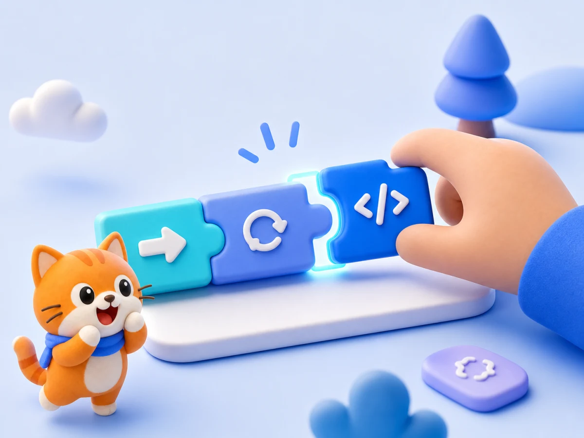 A child snaps colorful blocks instead of typing code