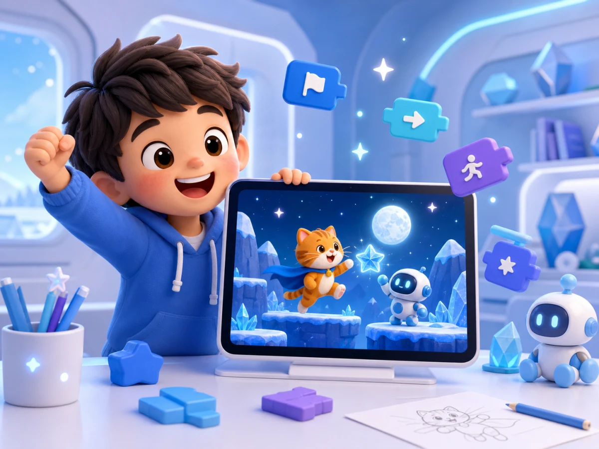 A child proudly shows a finished mini game
