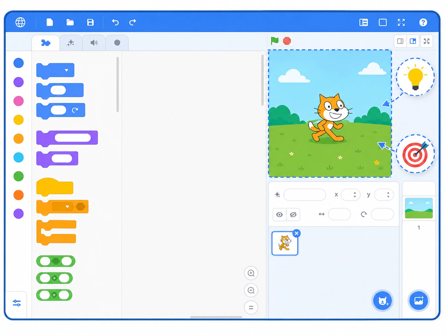 A cat on the coding stage with lightbulb and target icons cueing you to set a theme and goal.