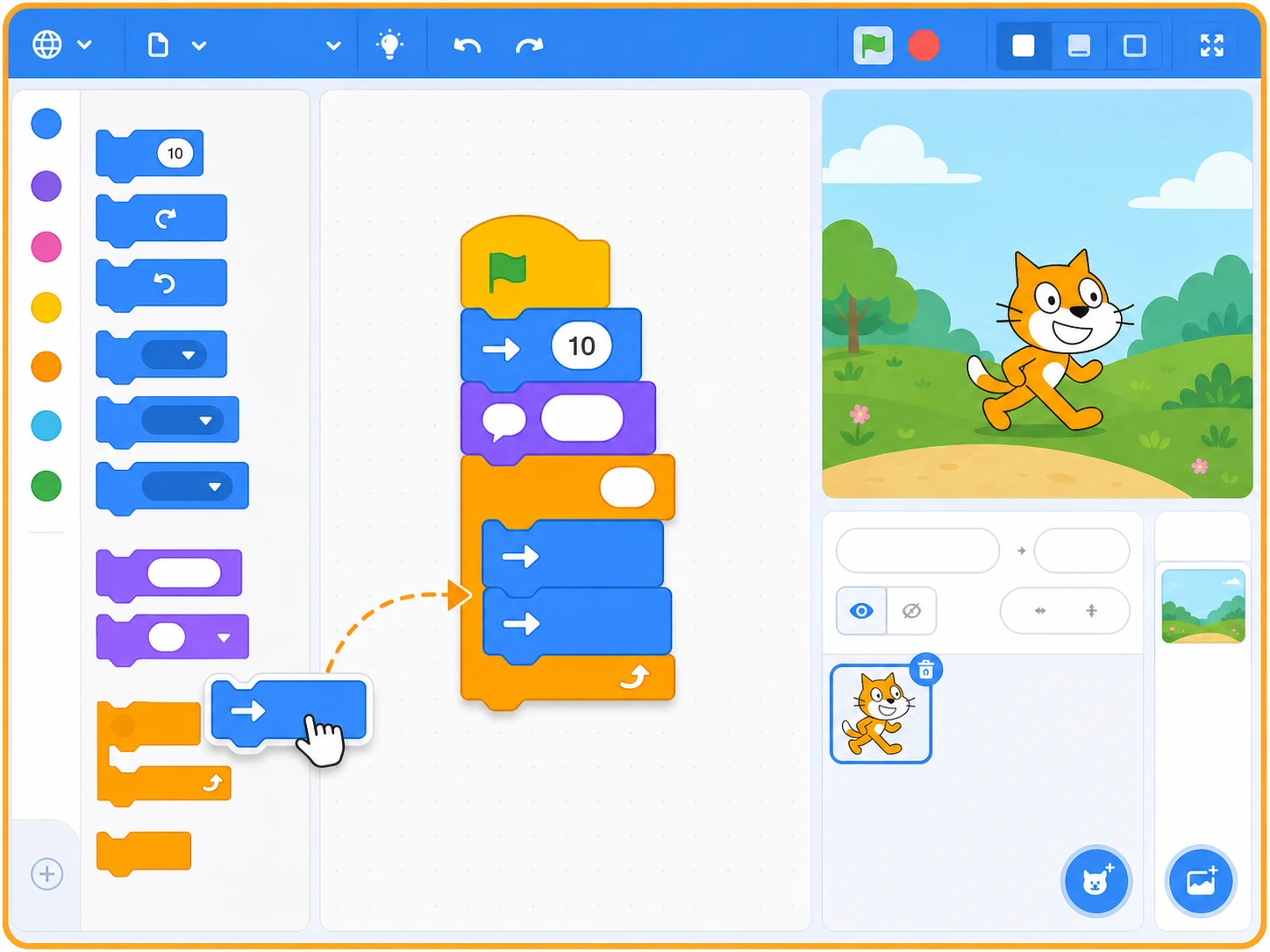 In the coding script area, event, motion, looks, and repeat blocks form a program while one motion block is dragged into place.