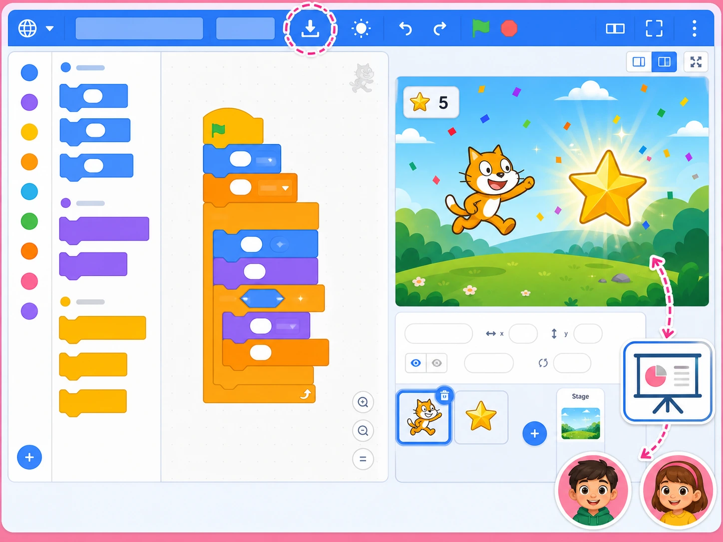The coding stage shows the cat reaching the star, with the save button and the path to show it to peers highlighted.